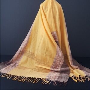 Pashmina Wrap, Vintage Evening Shawl, Yellow with Brown Orange Striped Pashmina
